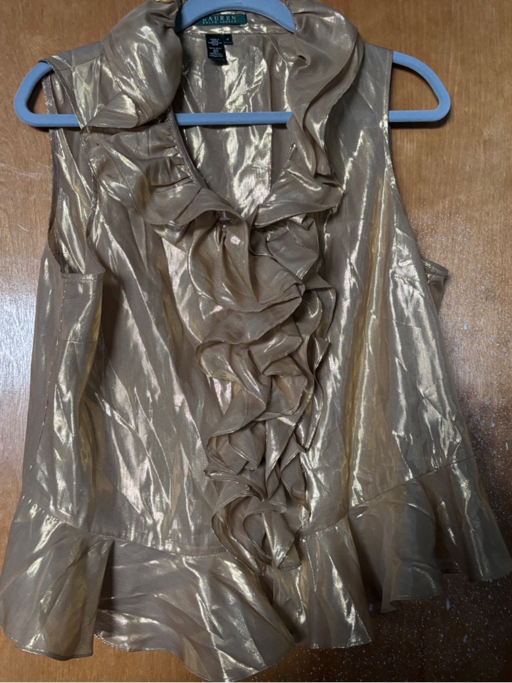 Ralph Lauren Metallic Gold Ruffle Sleeveless Blouse Silk Blend 16P NWT - Picture 9 of 9